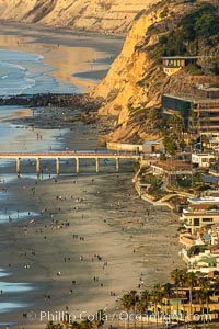 La Jolla Shores Coastline and Scripps Pier, Blacks Beach and Torrey Pines, aerial photo, sunset