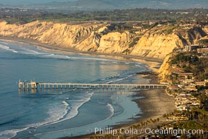 La Jolla Shores Coastline and Scripps Pier, Blacks Beach and Torrey Pines, aerial photo, sunset