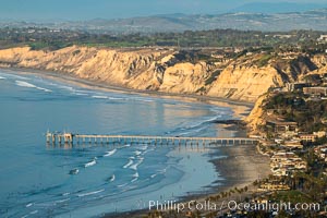 La Jolla Shores Coastline and Scripps Pier, Blacks Beach and Torrey Pines Golf Course and State Reserve, aerial photo, sunset. The Gold Coast of La Jolla basks in the warm waning light of a winter afternoon.