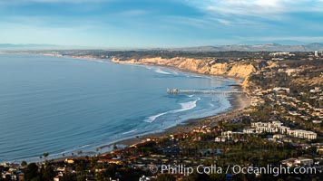 La Jolla Shores Coastline and Scripps Pier, Blacks Beach and Torrey Pines, aerial photo, sunset