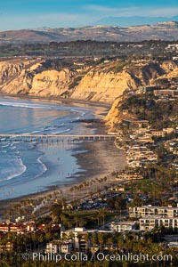 La Jolla Shores Coastline and Scripps Pier, Blacks Beach and Torrey Pines, aerial photo, sunset