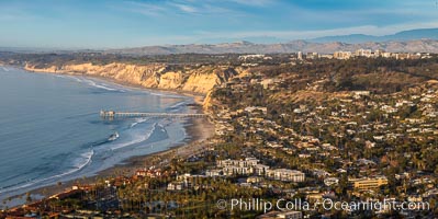 La Jolla Shores Coastline, Blacks Beach and Scripps Pier, aerial photo, sunset, panoramic photo