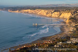 La Jolla Shores Coastline and Scripps Pier, Blacks Beach and Torrey Pines, aerial photo, sunset