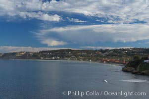 La Jolla Shores and the La Jolla Ecological Reserve and Underwater Park, looking north from the La Jolla sea caves.  Scripps Institution of Oceanography and its pier can be seen in the distance