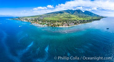 Old Lahaina Town aerial photo showing harbor and coral reef, Molokai at far left, Haleakala and Launiupoko gap at far right. West Maui mountains.  Maui, Hawaii, Olowalu