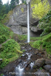 A hiker admires Latourelle Falls, in Guy W. Talbot State Park, drops 249 feet through a lush forest near the Columbia River, Columbia River Gorge National Scenic Area, Oregon