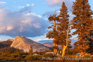 Lembert Dome and late afternoon clouds rise above Tuolumne Meadows in the High Sierra, catching the fading light of sunset.