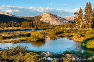 The Tuolumne River flows serenely through Tuolumne Meadows in the High Sierra. Lembert Dome is seen in the background, Yosemite National Park, California