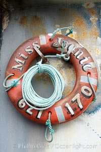 Beat up old lifering on a commercial fishing boat, Astoria, Oregon