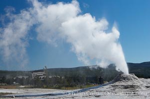 Lion Geyser, whose eruption is preceded by a release of steam that sounds like a lion roaring, erupts just once or a few times each day, reaching heights of up to 90 feet.  Upper Geyser Basin, Yellowstone National Park, Wyoming