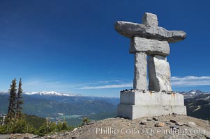 Ilanaaq, the logo of the 2010 Winter Olympics in Vancouver, is formed of stone in the Inukshuk-style of traditional Inuit sculpture.  Located near the Whistler mountain gondola station, overlooking Whistler Village and Green Lake in the distance