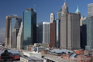 Lower Manhattan skyline viewed from the Brooklyn Bridge, New York City