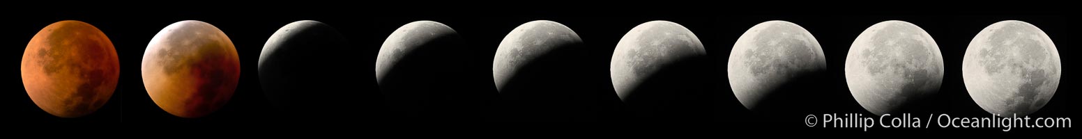 A composite panorama showing the sequence of a lunar eclipse from total eclipse (left) through full moon (right).