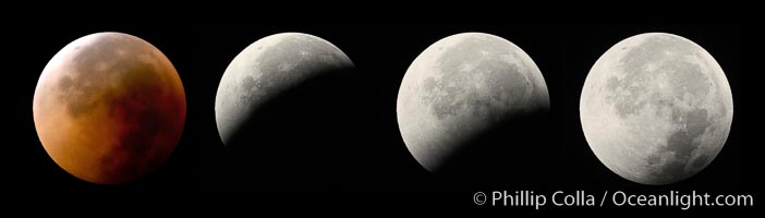 Lunar eclipse sequence, showing total eclipse (left) through full moon (right).  While the moon lies in the full shadow of the earth (umbra) it receives only faint, red-tinged light refracted through the Earth's atmosphere.  As the moon passes into the penumbra it receives increasing amounts of direct sunlight, eventually leaving the shadow of the Earth altogether.  August 28, 2007.