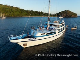 Aerial view of the Naia, the top liveaboard dive boat in Fiji, Namena Marine Reserve