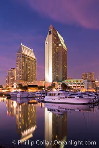 Manchester Grand Hyatt Hotel at sunset, viewed from the San Diego Embarcadero Marine Park