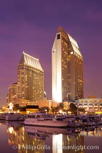 Manchester Grand Hyatt Hotel at sunset, viewed from the San Diego Embarcadero Marine Park