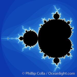 The Mandelbrot Fractal.  Fractals are complex geometric shapes that exhibit repeating patterns typified by <i>self-similarity</i>, or the tendency for the details of a shape to appear similar to the shape itself.  Often these shapes resemble patterns occurring naturally in the physical world, such as spiraling leaves, seemingly random coastlines, erosion and liquid waves.  Fractals are generated through surprisingly simple underlying mathematical expressions, producing subtle and surprising patterns.  The basic iterative expression for the Mandelbrot set is z = z-squared + c, operating in the complex (real, imaginary) number set., Mandelbrot set, natural history stock photograph, photo id 10368