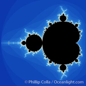 The Mandelbrot Fractal.  Fractals are complex geometric shapes that exhibit repeating patterns typified by <i>self-similarity</i>, or the tendency for the details of a shape to appear similar to the shape itself.  Often these shapes resemble patterns occurring naturally in the physical world, such as spiraling leaves, seemingly random coastlines, erosion and liquid waves.  Fractals are generated through surprisingly simple underlying mathematical expressions, producing subtle and surprising patterns.  The basic iterative expression for the Mandelbrot set is z = z-squared + c, operating in the complex (real, imaginary) number set.