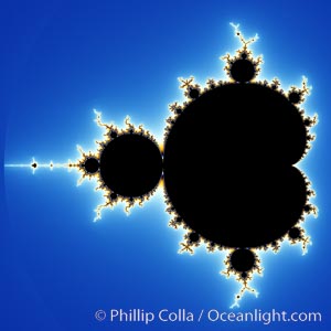 The Mandelbrot Fractal.  Fractals are complex geometric shapes that exhibit repeating patterns typified by <i>self-similarity</i>, or the tendency for the details of a shape to appear similar to the shape itself.  Often these shapes resemble patterns occurring naturally in the physical world, such as spiraling leaves, seemingly random coastlines, erosion and liquid waves.  Fractals are generated through surprisingly simple underlying mathematical expressions, producing subtle and surprising patterns.  The basic iterative expression for the Mandelbrot set is z = z-squared + c, operating in the complex (real, imaginary) number set., Mandelbrot set, natural history stock photograph, photo id 10369