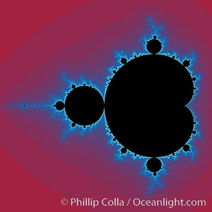 The Mandelbrot Fractal.  Fractals are complex geometric shapes that exhibit repeating patterns typified by self-similarity, or the tendency for the details of a shape to appear similar to the shape itself.  Often these shapes resemble patterns occurring naturally in the physical world, such as spiraling leaves, seemingly random coastlines, erosion and liquid waves.  Fractals are generated through surprisingly simple underlying mathematical expressions, producing subtle and surprising patterns.  The basic iterative expression for the Mandelbrot set is z = z-squared + c, operating in the complex (real, imaginary) number set, Mandelbrot set