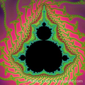 Detail within the Mandelbrot set fractal.  This detail is found by zooming in on the overall Mandelbrot set image, finding edges and buds with interesting features.  Fractals are complex geometric shapes that exhibit repeating patterns typified by <i>self-similarity</i>, or the tendency for the details of a shape to appear similar to the shape itself.  Often these shapes resemble patterns occurring naturally in the physical world, such as spiraling leaves, seemingly random coastlines, erosion and liquid waves.  Fractals are generated through surprisingly simple underlying mathematical expressions, producing subtle and surprising patterns.  The basic iterative expression for the Mandelbrot set is z = z-squared + c, operating in the complex (real, imaginary) number set.