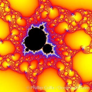 Detail within the Mandelbrot set fractal.  This detail is found by zooming in on the overall Mandelbrot set image, finding edges and buds with interesting features.  Fractals are complex geometric shapes that exhibit repeating patterns typified by self-similarity, or the tendency for the details of a shape to appear similar to the shape itself.  Often these shapes resemble patterns occurring naturally in the physical world, such as spiraling leaves, seemingly random coastlines, erosion and liquid waves.  Fractals are generated through surprisingly simple underlying mathematical expressions, producing subtle and surprising patterns.  The basic iterative expression for the Mandelbrot set is z = z-squared + c, operating in the complex (real, imaginary) number set, Mandelbrot set