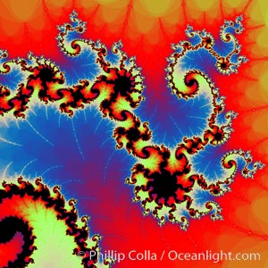 Detail within the Mandelbrot set fractal.  This detail is found by zooming in on the overall Mandelbrot set image, finding edges and buds with interesting features.  Fractals are complex geometric shapes that exhibit repeating patterns typified by <i>self-similarity</i>, or the tendency for the details of a shape to appear similar to the shape itself.  Often these shapes resemble patterns occurring naturally in the physical world, such as spiraling leaves, seemingly random coastlines, erosion and liquid waves.  Fractals are generated through surprisingly simple underlying mathematical expressions, producing subtle and surprising patterns.  The basic iterative expression for the Mandelbrot set is z = z-squared + c, operating in the complex (real, imaginary) number set.