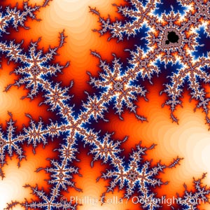 Detail within the Mandelbrot set fractal.  This detail is found by zooming in on the overall Mandelbrot set image, finding edges and buds with interesting features.  Fractals are complex geometric shapes that exhibit repeating patterns typified by self-similarity, or the tendency for the details of a shape to appear similar to the shape itself.  Often these shapes resemble patterns occurring naturally in the physical world, such as spiraling leaves, seemingly random coastlines, erosion and liquid waves.  Fractals are generated through surprisingly simple underlying mathematical expressions, producing subtle and surprising patterns.  The basic iterative expression for the Mandelbrot set is z = z-squared + c, operating in the complex (real, imaginary) number set, Mandelbrot set