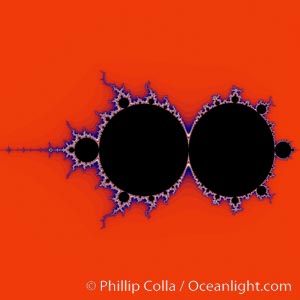 Detail within the Mandelbrot set fractal.  This detail is found by zooming in on the overall Mandelbrot set image, finding edges and buds with interesting features.  Fractals are complex geometric shapes that exhibit repeating patterns typified by self-similarity, or the tendency for the details of a shape to appear similar to the shape itself.  Often these shapes resemble patterns occurring naturally in the physical world, such as spiraling leaves, seemingly random coastlines, erosion and liquid waves.  Fractals are generated through surprisingly simple underlying mathematical expressions, producing subtle and surprising patterns.  The basic iterative expression for the Mandelbrot set is z = z-squared + c, operating in the complex (real, imaginary) number set, Mandelbrot set