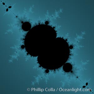 Detail within the Mandelbrot set fractal.  This detail is found by zooming in on the overall Mandelbrot set image, finding edges and buds with interesting features.  Fractals are complex geometric shapes that exhibit repeating patterns typified by self-similarity, or the tendency for the details of a shape to appear similar to the shape itself.  Often these shapes resemble patterns occurring naturally in the physical world, such as spiraling leaves, seemingly random coastlines, erosion and liquid waves.  Fractals are generated through surprisingly simple underlying mathematical expressions, producing subtle and surprising patterns.  The basic iterative expression for the Mandelbrot set is z = z-squared + c, operating in the complex (real, imaginary) number set, Mandelbrot set