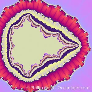 The Mandelbrot Fractal.  Fractals are complex geometric shapes that exhibit repeating patterns typified by self-similarity, or the tendency for the details of a shape to appear similar to the shape itself.  Often these shapes resemble patterns occurring naturally in the physical world, such as spiraling leaves, seemingly random coastlines, erosion and liquid waves.  Fractals are generated through surprisingly simple underlying mathematical expressions, producing subtle and surprising patterns.  The basic iterative expression for the Mandelbrot set is z = z-squared + c, operating in the complex (real, imaginary) number set, Mandelbrot set