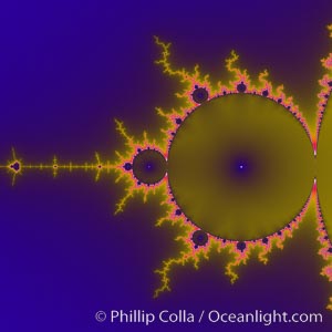 The Mandelbrot Fractal.  Fractals are complex geometric shapes that exhibit repeating patterns typified by self-similarity, or the tendency for the details of a shape to appear similar to the shape itself.  Often these shapes resemble patterns occurring naturally in the physical world, such as spiraling leaves, seemingly random coastlines, erosion and liquid waves.  Fractals are generated through surprisingly simple underlying mathematical expressions, producing subtle and surprising patterns.  The basic iterative expression for the Mandelbrot set is z = z-squared + c, operating in the complex (real, imaginary) number set, Mandelbrot set