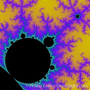 The Mandelbrot Fractal.  Fractals are complex geometric shapes that exhibit repeating patterns typified by <i>self-similarity</i>, or the tendency for the details of a shape to appear similar to the shape itself.  Often these shapes resemble patterns occurring naturally in the physical world, such as spiraling leaves, seemingly random coastlines, erosion and liquid waves.  Fractals are generated through surprisingly simple underlying mathematical expressions, producing subtle and surprising patterns.  The basic iterative expression for the Mandelbrot set is z = z-squared + c, operating in the complex (real, imaginary) number set., Mandelbrot set, natural history stock photograph, photo id 18739