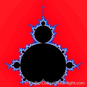 The Mandelbrot Fractal.  Fractals are complex geometric shapes that exhibit repeating patterns typified by self-similarity, or the tendency for the details of a shape to appear similar to the shape itself.  Often these shapes resemble patterns occurring naturally in the physical world, such as spiraling leaves, seemingly random coastlines, erosion and liquid waves.  Fractals are generated through surprisingly simple underlying mathematical expressions, producing subtle and surprising patterns.  The basic iterative expression for the Mandelbrot set is z = z-squared + c, operating in the complex (real, imaginary) number set, Mandelbrot set