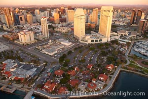 Marina District of San Diego, with Seaport Village (lower) and Grand Hyatt hotel towers (top), along San Diego Bay