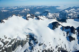 Glaciers on the summit of Mariner Mountain, on the west coast of Vancouver Island, British Columbia, Canada, part of Strathcona Provincial Park, located 36 km (22 mi) north of Tofino.  It is 1,771 m (5,810 ft) high and is snow covered year-round