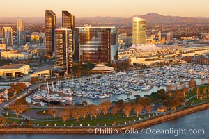 Aerial photo of the Marriott Hotel towers, rising above the Embarcadero Marine Park and yacht marina.