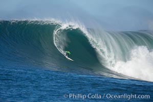 Greg Long of San Clemente surfs a heat one wave at the 2006 Mavericks surf contest, February 7, 2006, Half Moon Bay, California