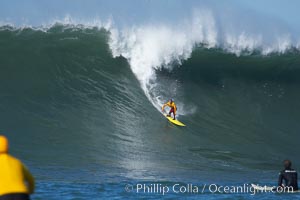 Darryl Flea Virostko, three time Mavericks champion, in heat four.  Mavericks surf contest, February 7, 2006, Half Moon Bay, California