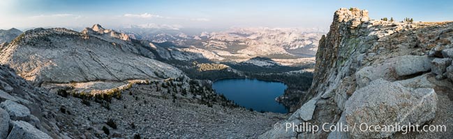 May Lake from Summit of Mount Hoffmann, sunset, viewed toward northeast including Tuolumne Meadows, panorama, Yosemite National Park