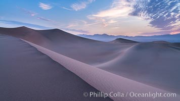 Mesquite Dunes sunrise, dawn, clouds and morning sky, sand dunes, Stovepipe Wells, Death Valley National Park, California