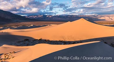 Mesquite Dunes at sunrise, dawn, clouds and morning sky, sand dunes, Death Valley National Park, California