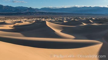 Mesquite Dunes at sunrise, dawn, clouds and morning sky, sand dunes, Death Valley National Park, California