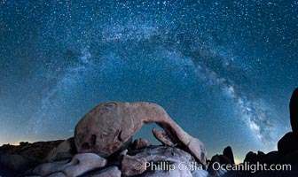 The Milky Way galaxy arcs above Arch Rock, panoramic photograph, cylindrical projection, Joshua Tree National Park, California