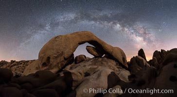 Milky Way during Full Lunar Eclipse over Arch Rock, Joshua Tree National Park, April 4 2015.  The arch and surrounding landscape are illuminated by the faint light of the fully-eclipsed blood red moon.  Light from the sun has passed obliquely through the Earth's thin atmosphere, taking on a red color, and is then reflected off the moon and reaches the Earth again to light the arch.  The intensity of this light is so faint that the Milky Way can be seen clearly at the same time.