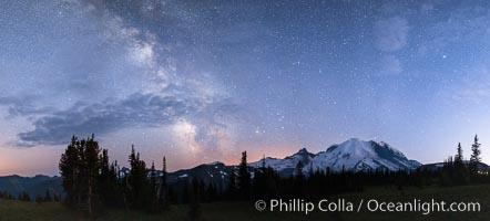 Milky Way and stars at night above Mount Rainier.