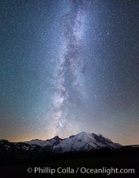 Milky Way and stars at night above Mount Rainier.