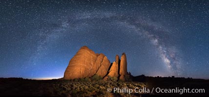 Milky Way over Sandstone Fins. Sandstone fins stand on edge.  Vertical fractures separate standing plates of sandstone that are eroded into freestanding fins, that may one day further erode into arches. Arches National Park, Utah, USA, natural history stock photograph, photo id 29253