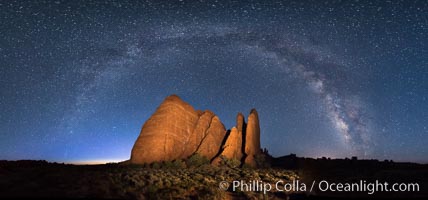 Milky Way over Sandstone Fins. Sandstone fins stand on edge.  Vertical fractures separate standing plates of sandstone that are eroded into freestanding fins, that may one day further erode into arches.